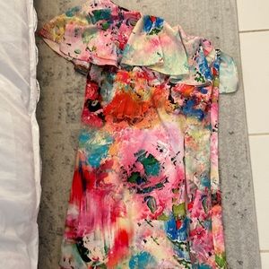 Bright patterned one shoulder dress
